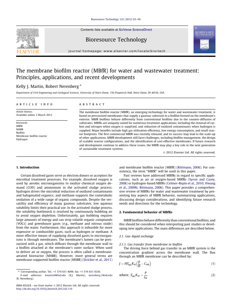 The Membrane Biofilm Reactor (MBfR) for Water and Wastewater Treatment ...