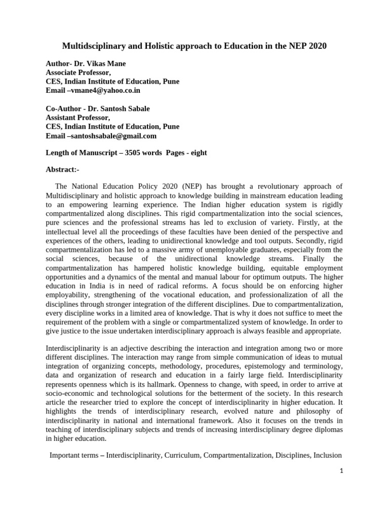 VM - Multidisciplinary and Holistic Education in the NEP 2020 (1) | PDF ...