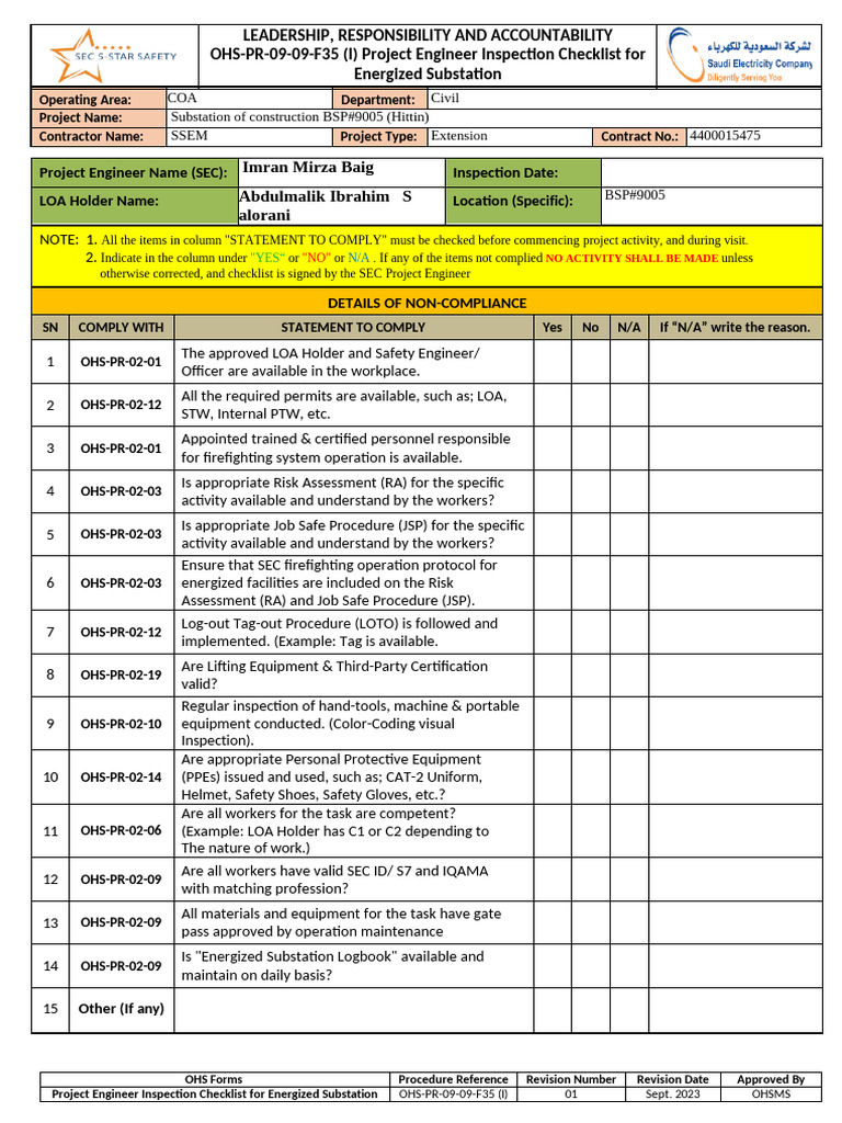 Ohs-pr-09-09-f35 (i) Project Engineer Inspection Checklist for ...