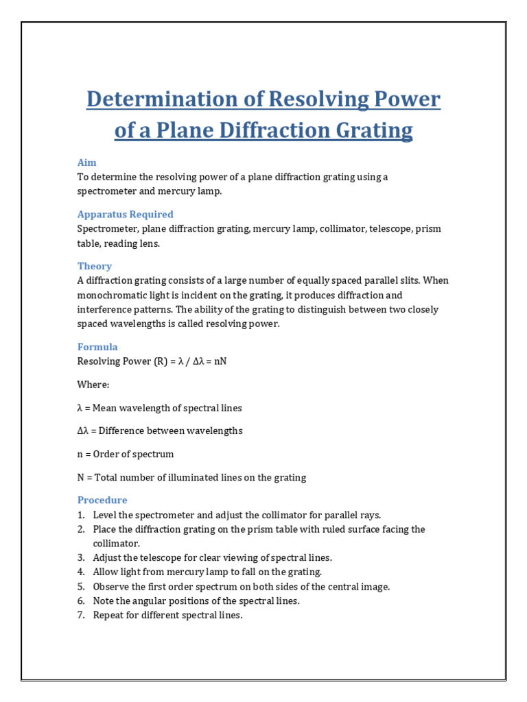 Resolving Power Diffraction Grating Working Manual | PDF