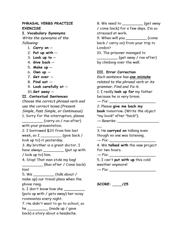 1h Ket Phrasal Verbs Practice Exercise | PDF