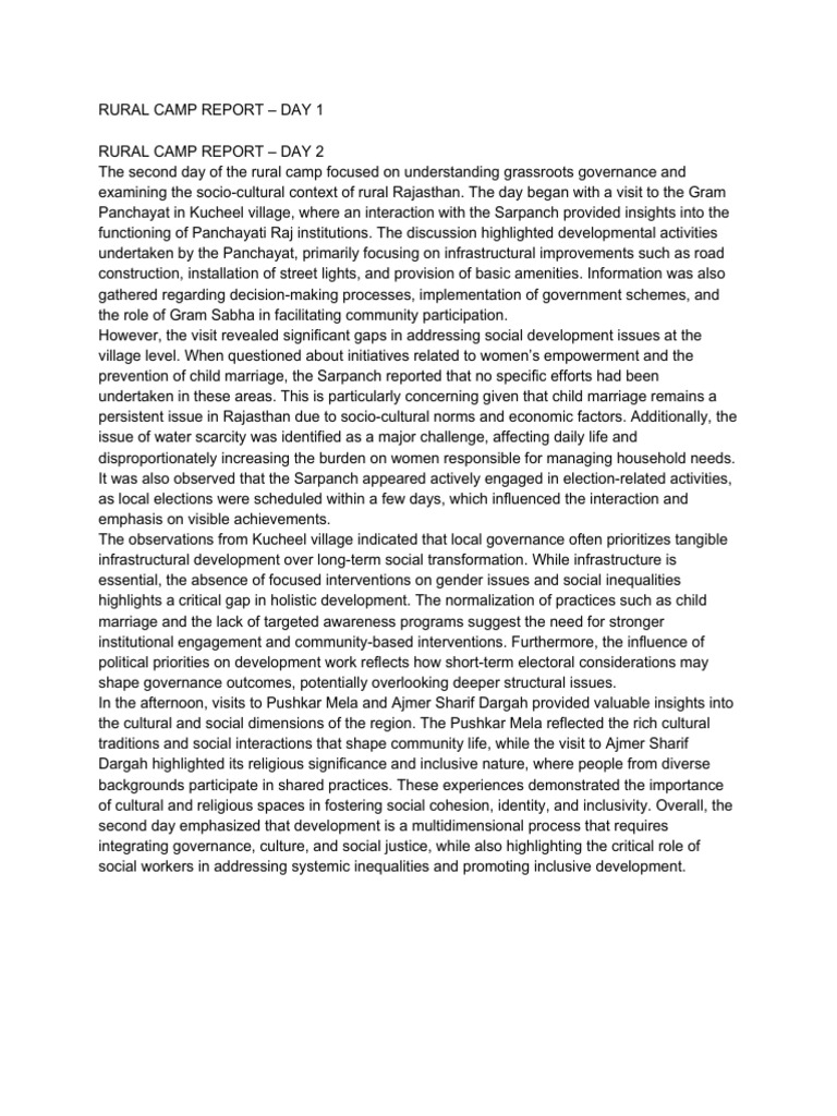 Rural Camp Report – Day 1 | PDF | Governance | Social Exclusion