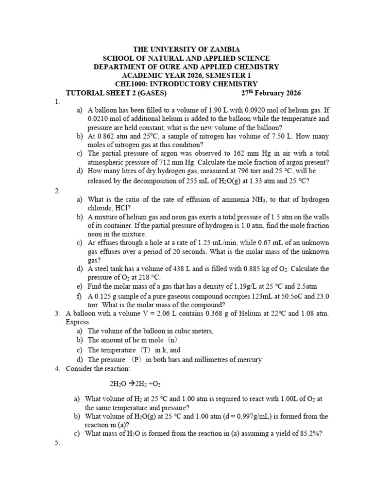 CHE 1000 Tutorial Sheet 2, 2026 (1) | PDF | Gases | Mole (Unit)