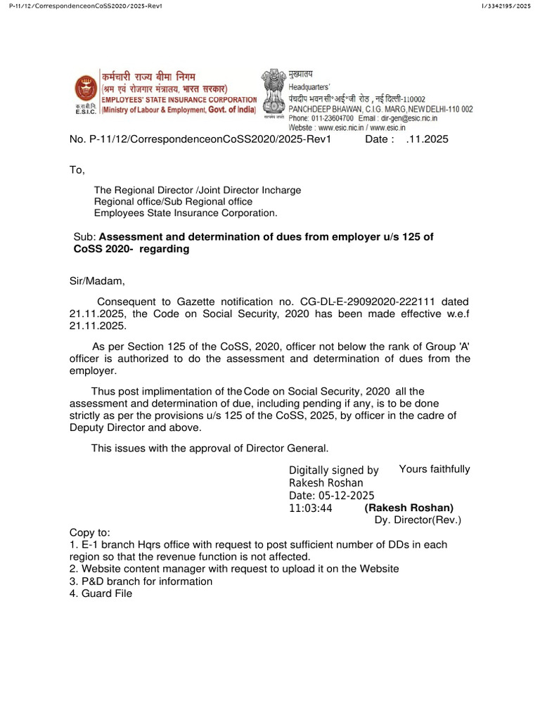 Instructions Regarding Determination of Dues Under Section 125 of CoSS ...