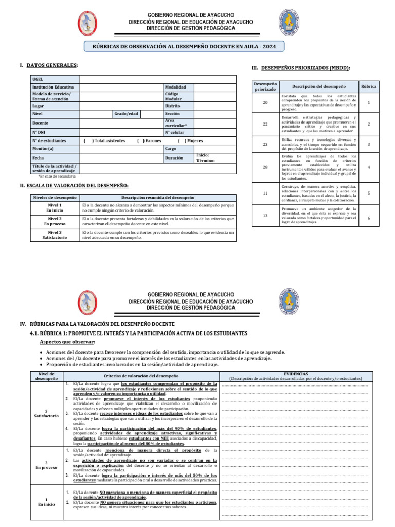 Rúbrica de Observación Al Desempeño Docente en Aula 2024 -Ok | PDF ...