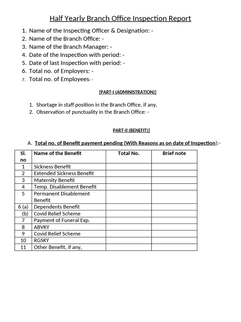 PROFORMA FOR BRANCH OFFICE INSPECTION | PDF