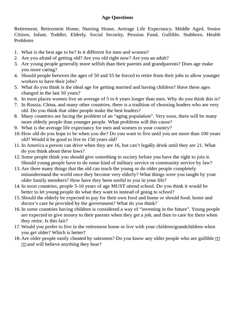 Age Questions | PDF | Retirement | Chess Openings
