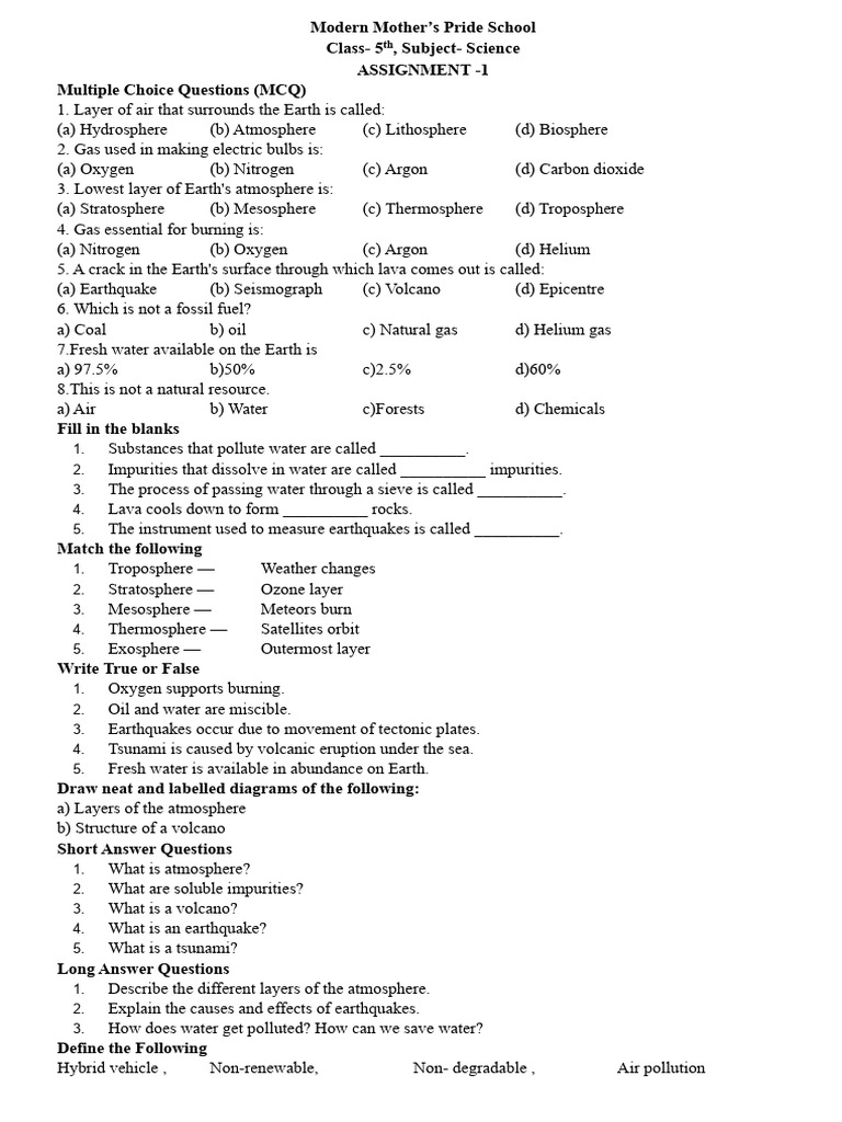 Class- 5th, Science Assignment | PDF | Earth Sciences | Atmosphere Of Earth