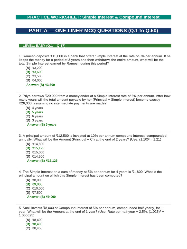 Si Ci Worksheet Clat | PDF | Interest | Compound Interest
