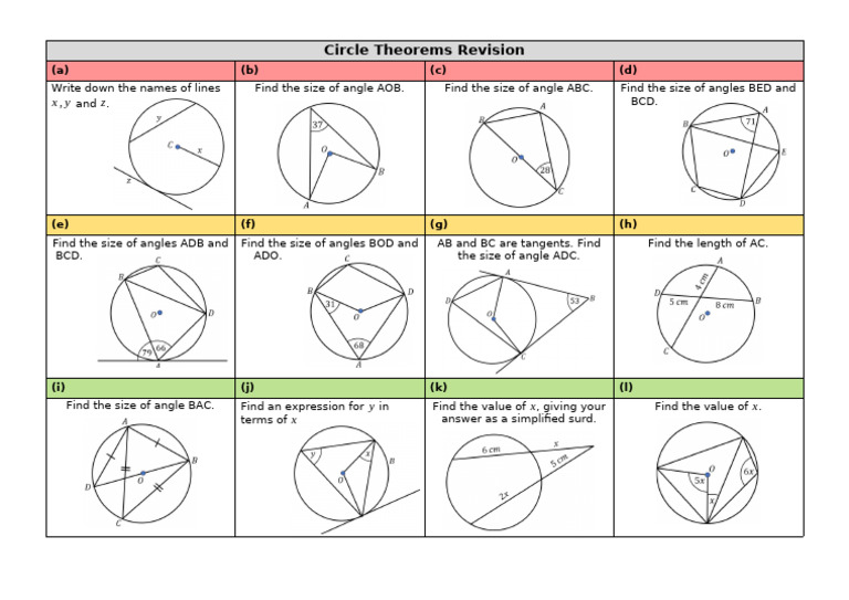 Circle Theorems Revision Practice Grid | PDF
