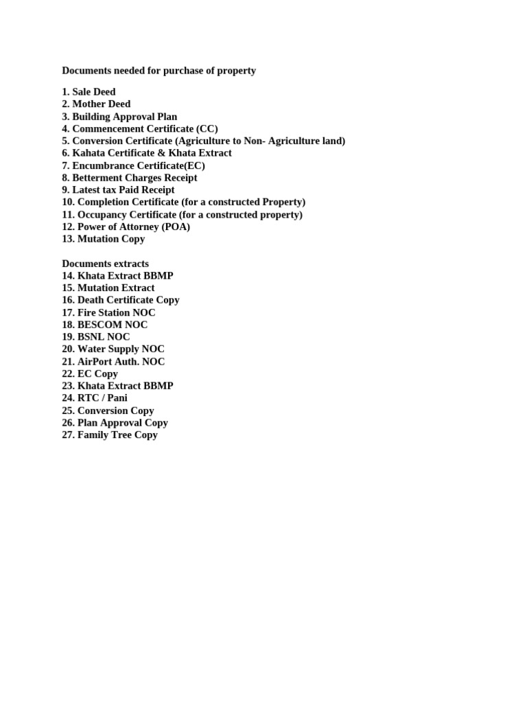 Documents Needed for Purchase of Property | PDF