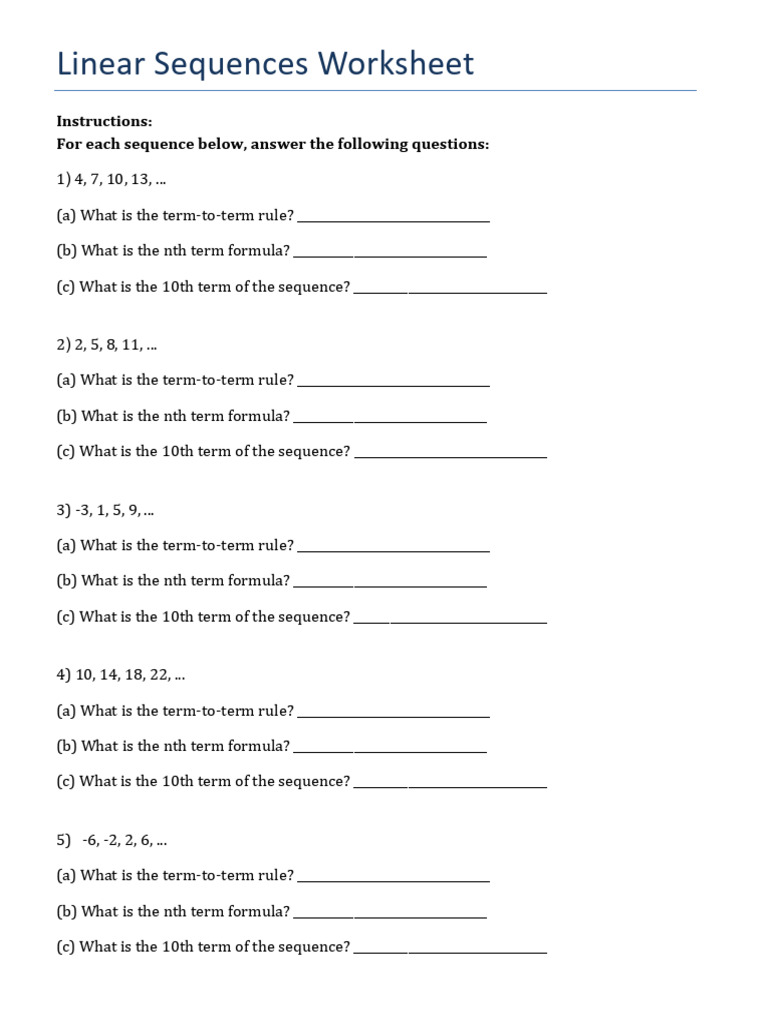 Linear Sequences Worksheet | PDF