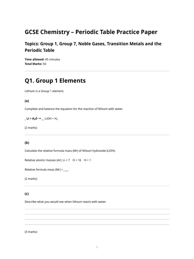 Gcse Chemistry Periodic Table Practice Paper | PDF | Periodic Table ...