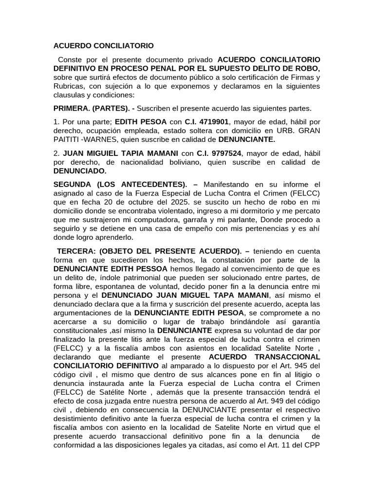 Acuerdo Conciliatorio Juan Miguel Tapia | PDF | Justicia | Crimen y ...