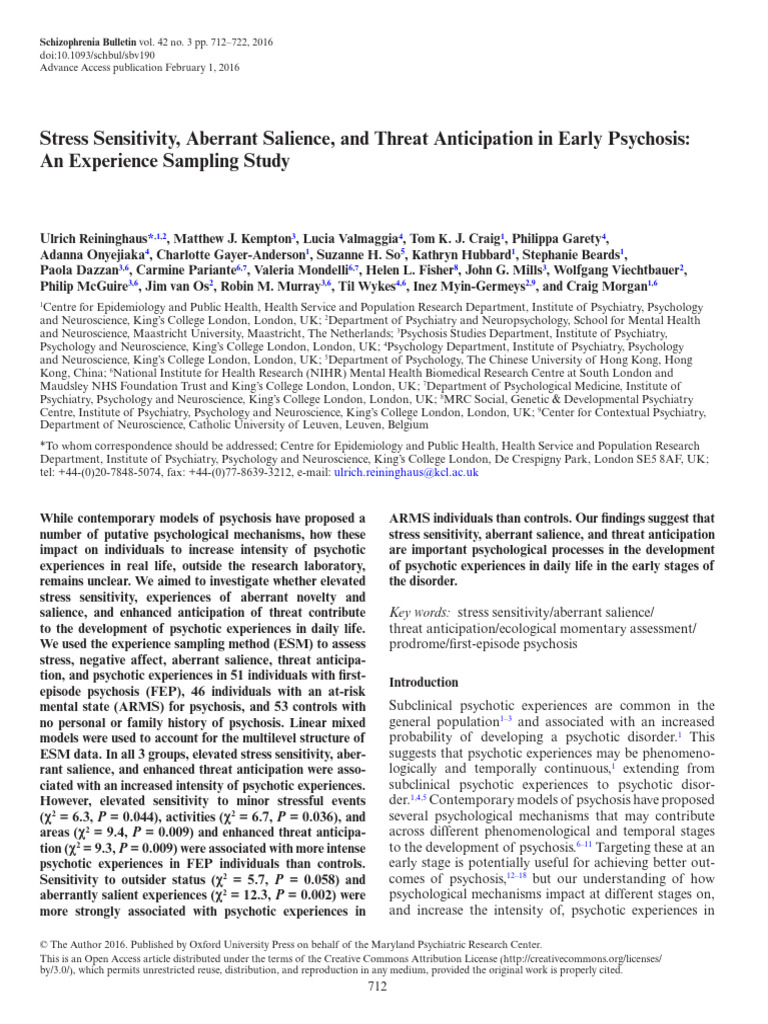 Stress Sensitivity, Aberrant Salience, And Threat Anticipation in Early ...