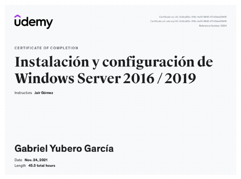Certificado Windows Server 2019 Gabriel Yubero | PDF