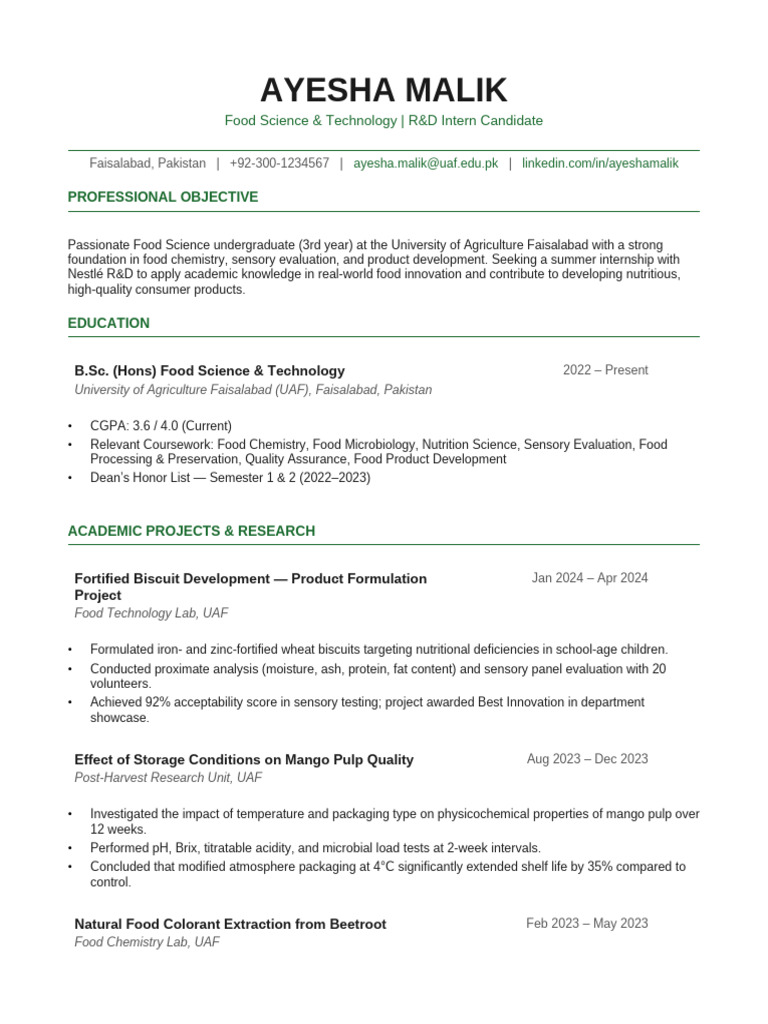 Nestle_Internship_Resume_Ayesha_Malik | PDF | Food Science | Food Industry