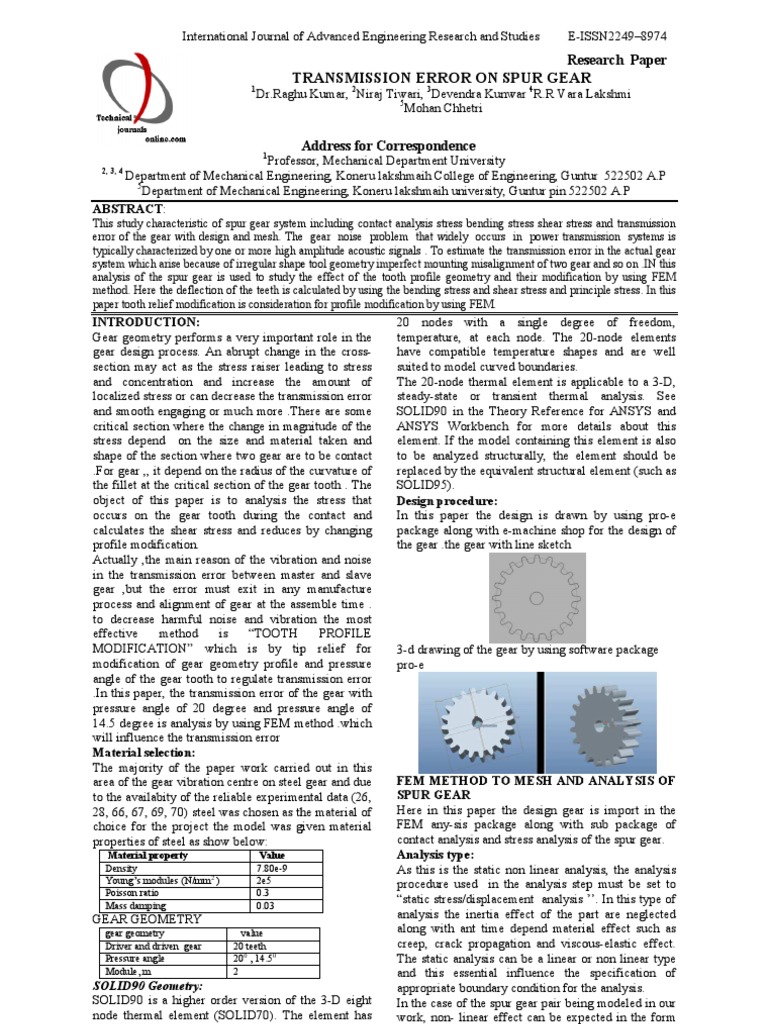 Transmission Error on Spur Gear Gear Stress (Mechanics)