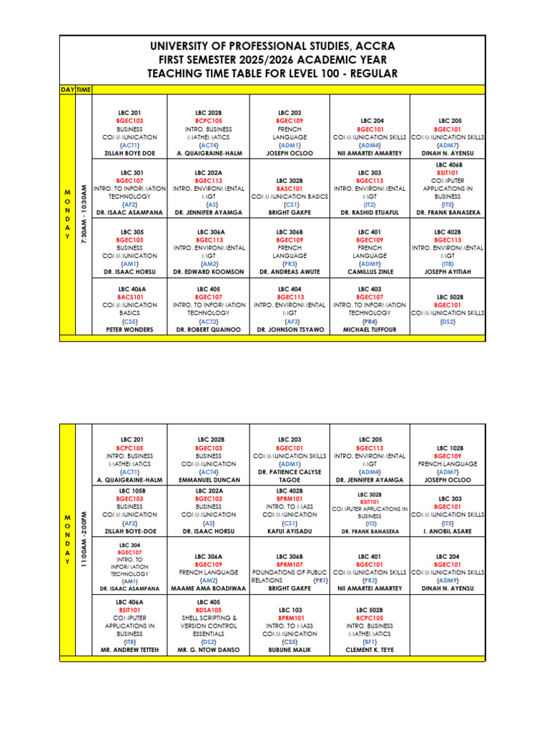 Regular Teaching Timetable - 100 | PDF