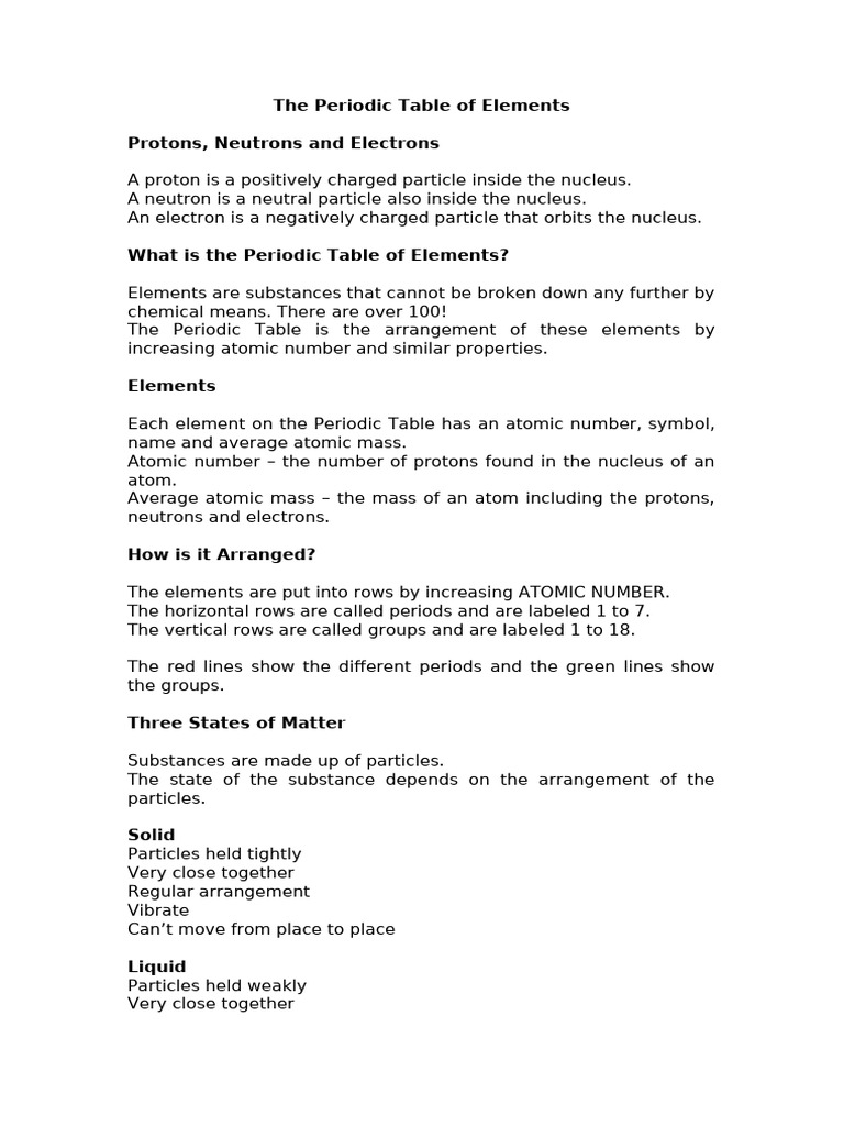 The Periodic Table of Elements Notes | PDF