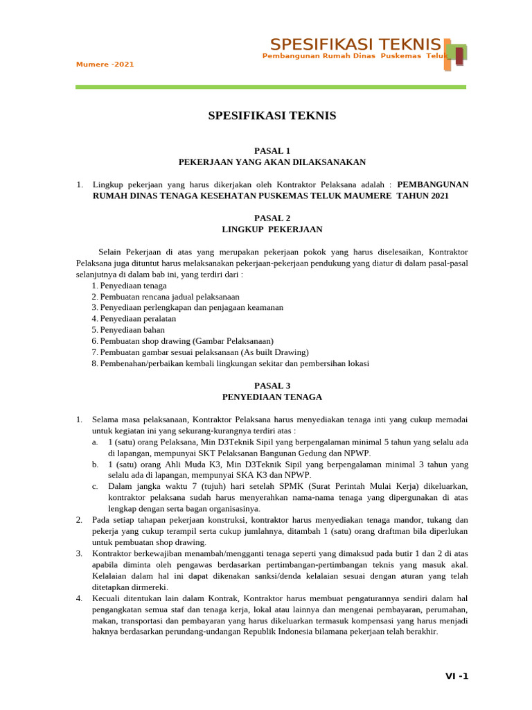 SPESIFIKASI TEKNIS Rmh Dinas - PAMANA | PDF