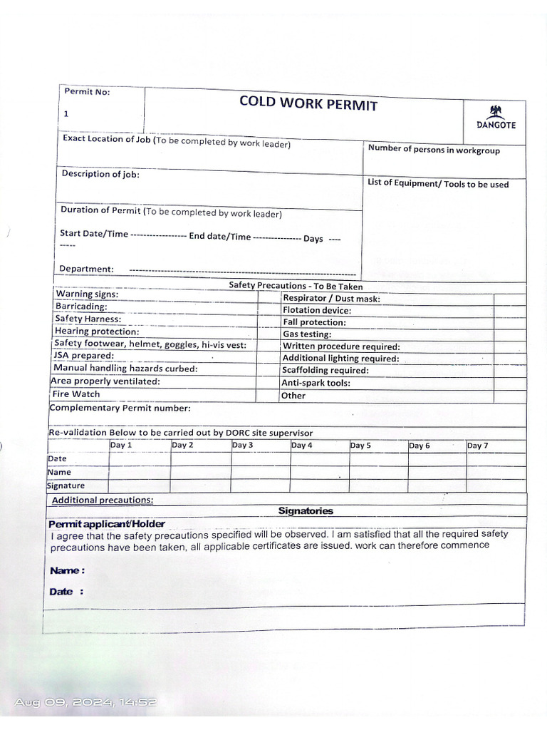 Cold Work Permit | PDF