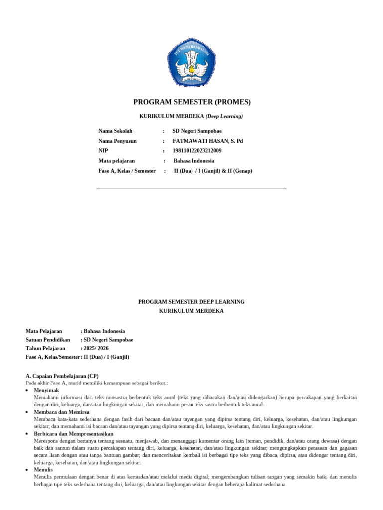 Prosem Bahasa Indonesia Kls II (Deep Learning) | PDF
