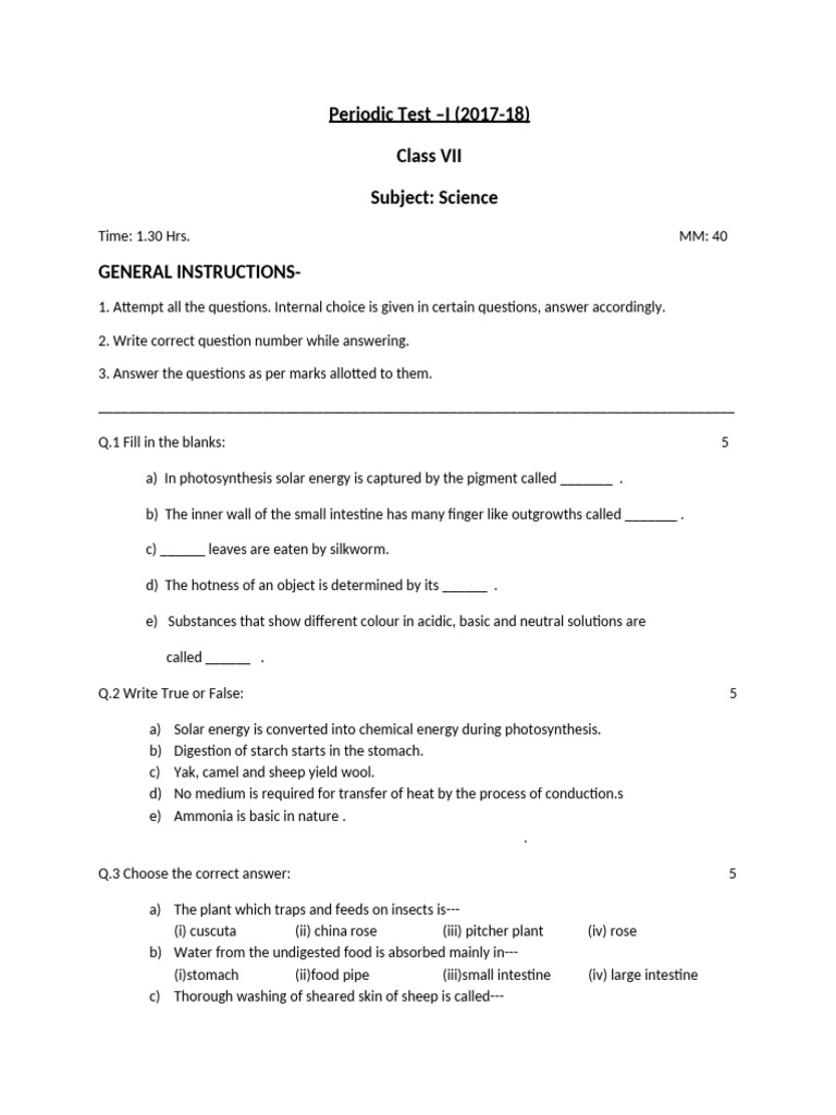 Class Vii Science Pt i 2017 | PDF | Digestion | Foods