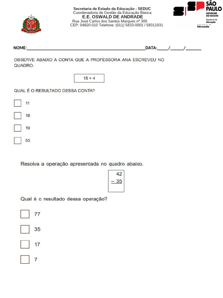 Avaliacao Matematica 3 Ano Marco | PDF