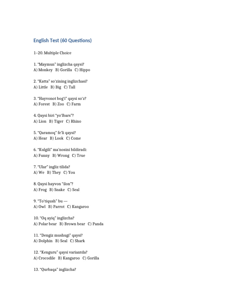 English Test 60 Questions | PDF