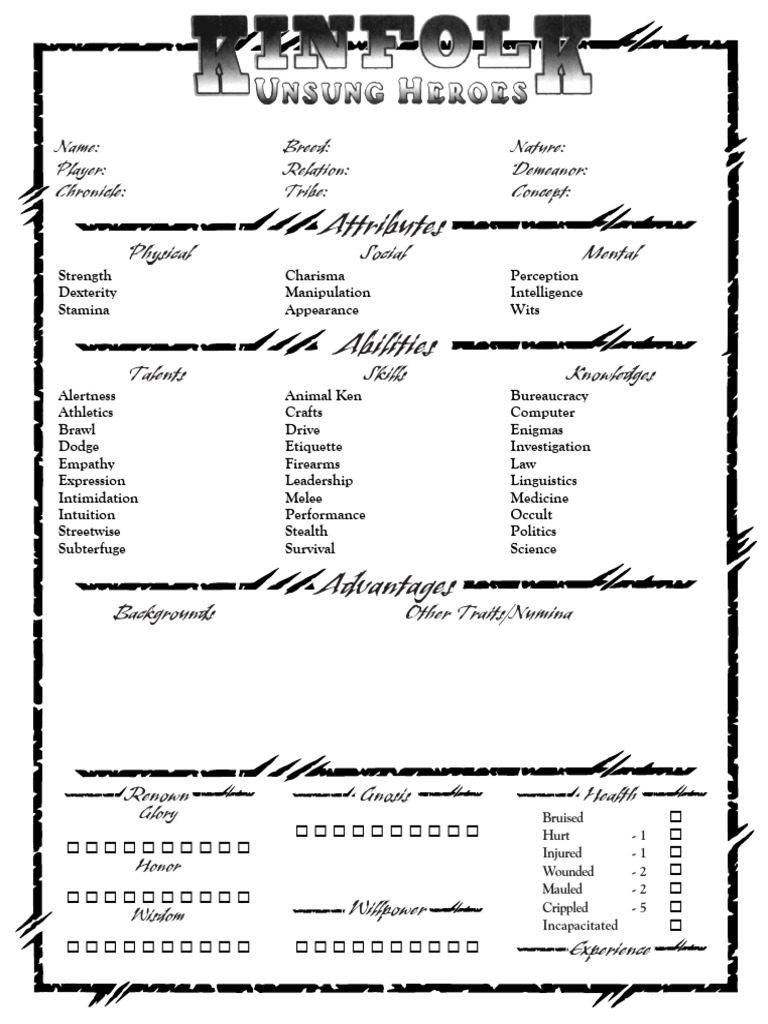 WOD - Werewolf - The Apocalypse - Character Sheet - Kinfolk | PDF ...