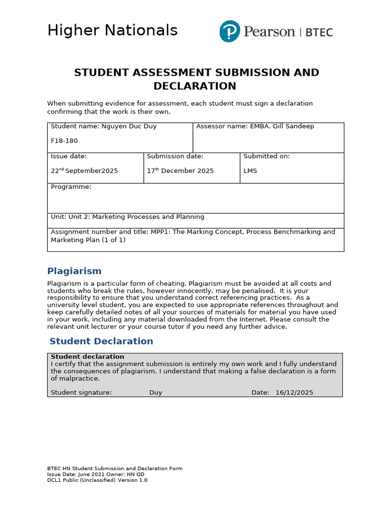 BTEC Assignment Declaration Form | PDF
