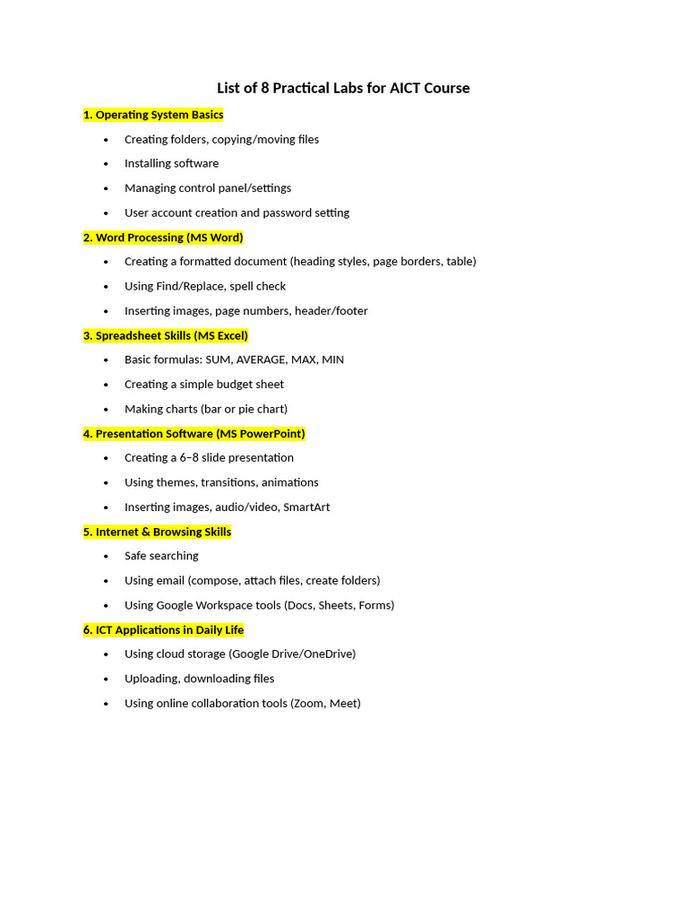 AICT List of Practicals | PDF
