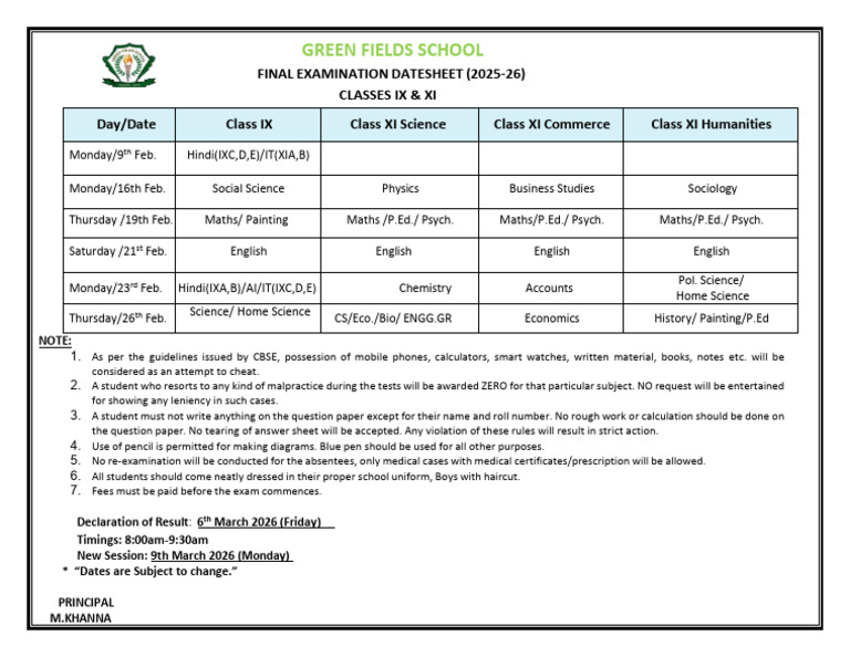Final Examination Datesheet IX and XI Copy (Autosaved) Copy (6) | PDF