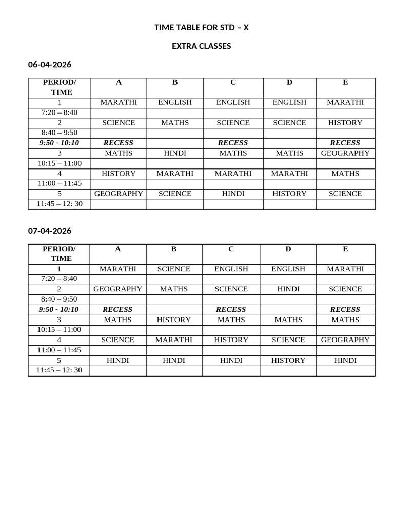 TIMETABLE - STD X 06.04.26 TO 10.04.26 | PDF