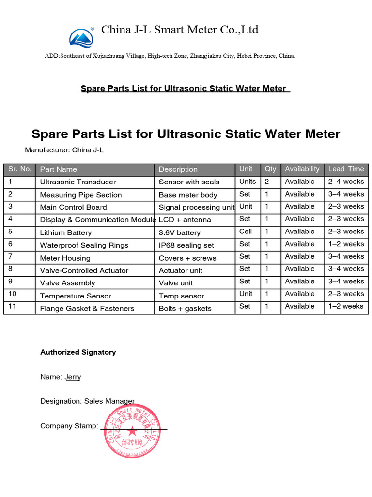 Spare Parts List for Ultrasonic Static Water Meter | PDF