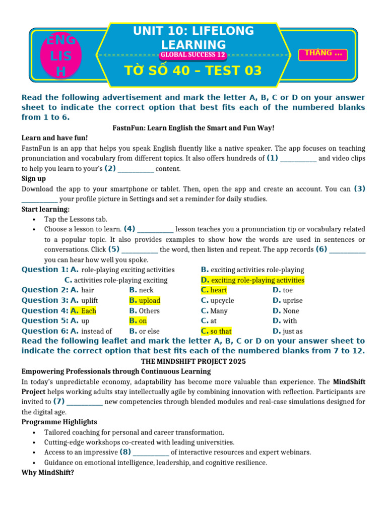 T 40 Test 03 Unit 10 Lifelong Learning | PDF | Learning | Knowledge