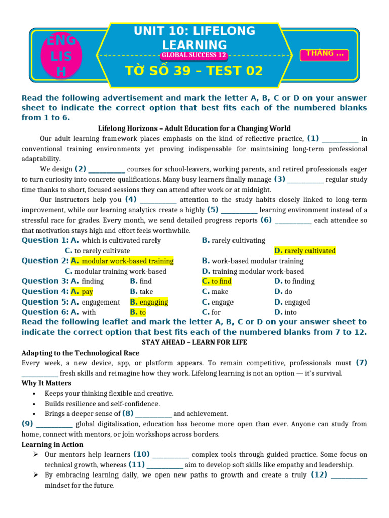 T 39 Test 02 Unit 10 Lifelong Learning | PDF | Learning | Educational ...