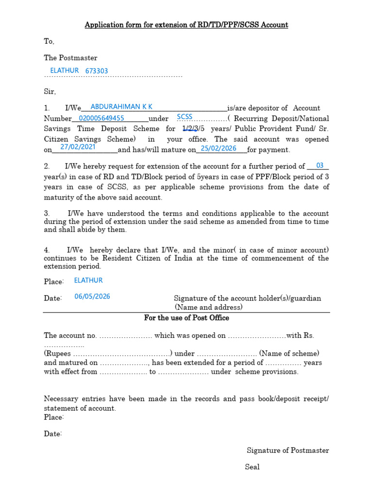 Application Form for Extension of Ppf Rd Term Deposit Scss Account in ...