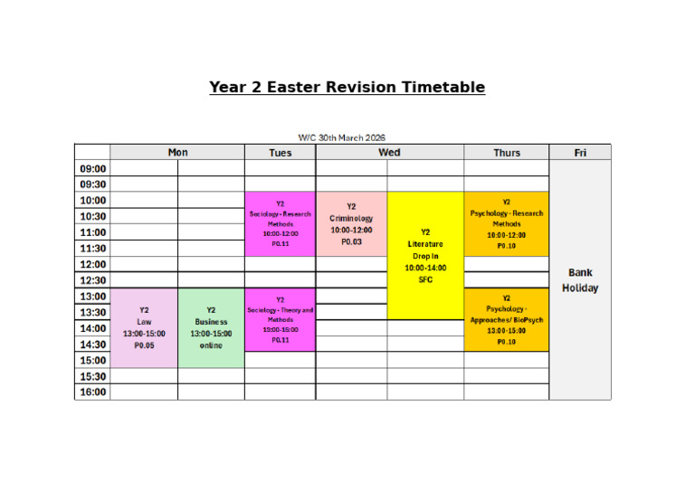 Year 2 Easter Revision Timetable | PDF
