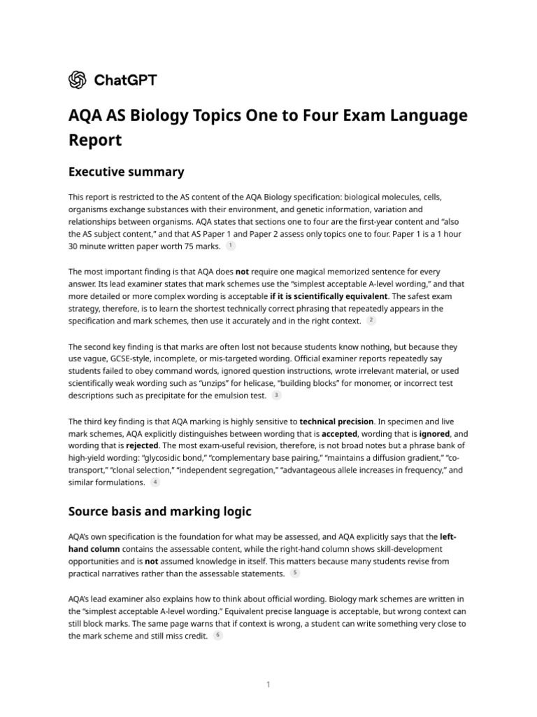 AQA as Biology Topics One to Four Exam Language Report | PDF | Cell ...
