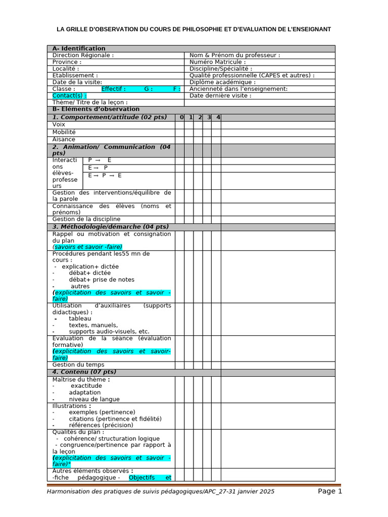 Philosophie - Grille D'évaluation de Cours - enseignant-APC | PDF ...