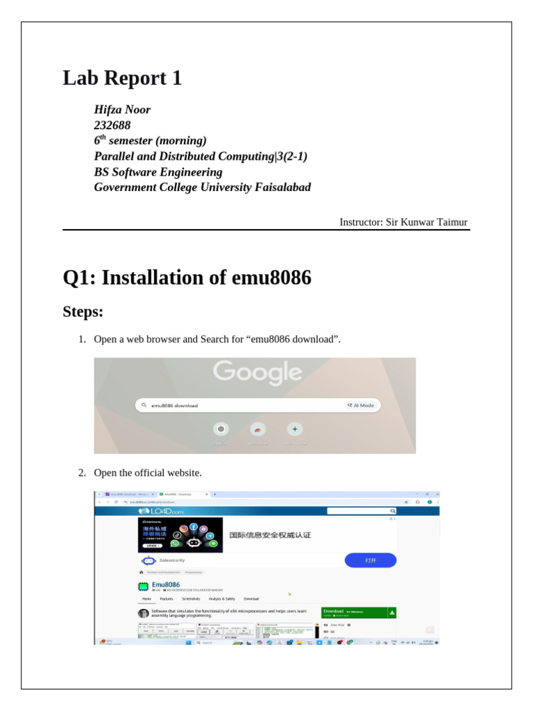 Hifza Noor (232688) PD&C Lab Report 1 | PDF | Assembly Language | Bit