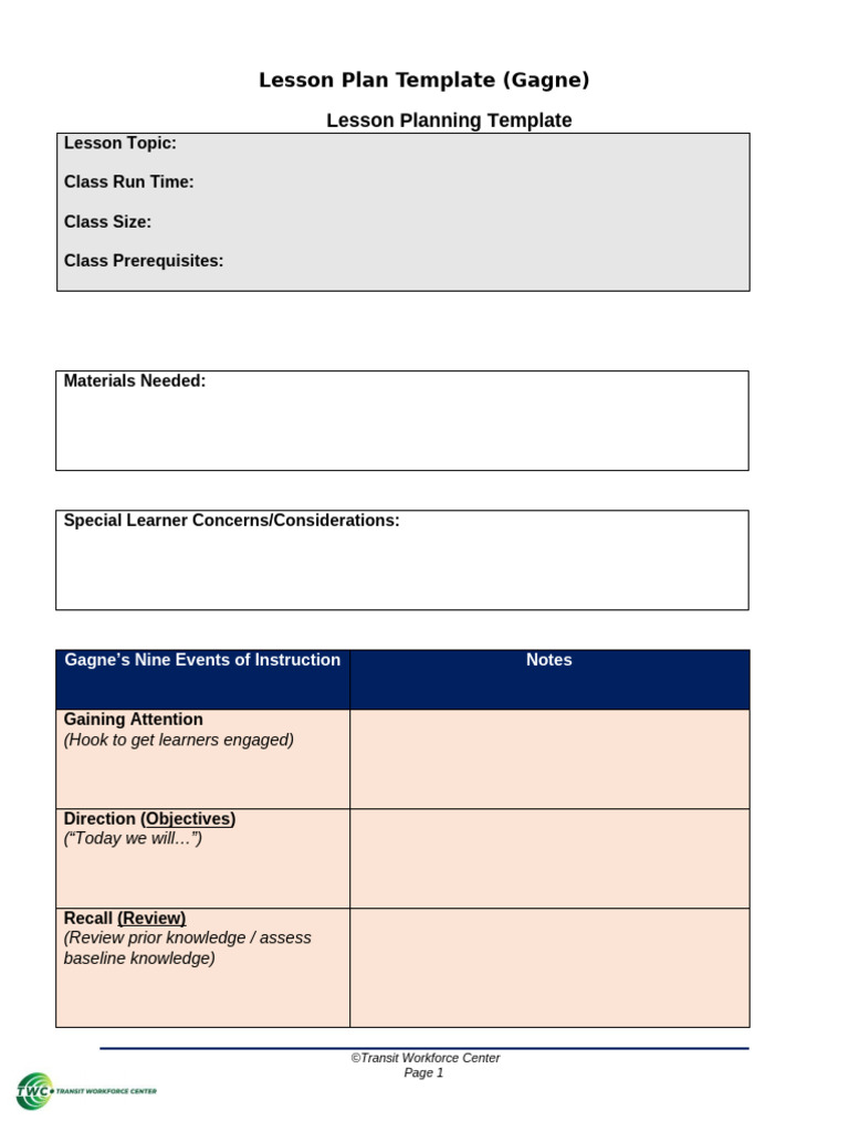 LessonPlanningWebinar LessonPlanTemplate Gagne | PDF