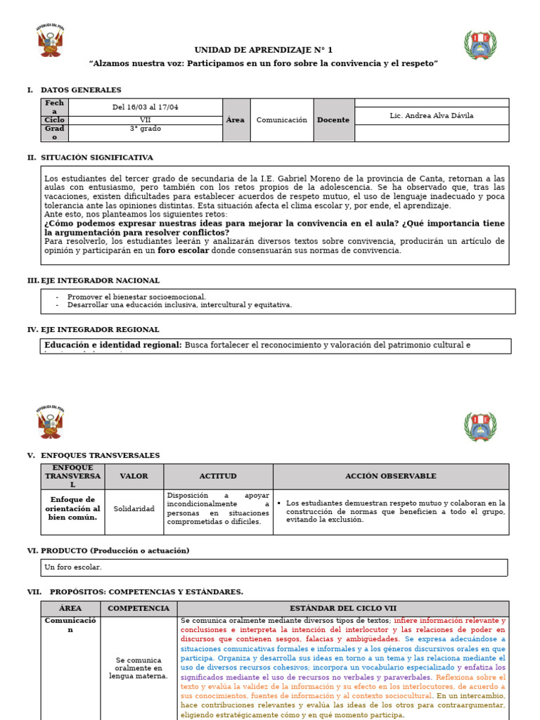 Unidad de Aprendizaje N°1 - Tercero | PDF | Comunicación no verbal ...