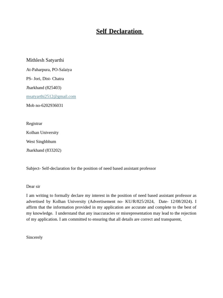 Self Declaration Form | PDF
