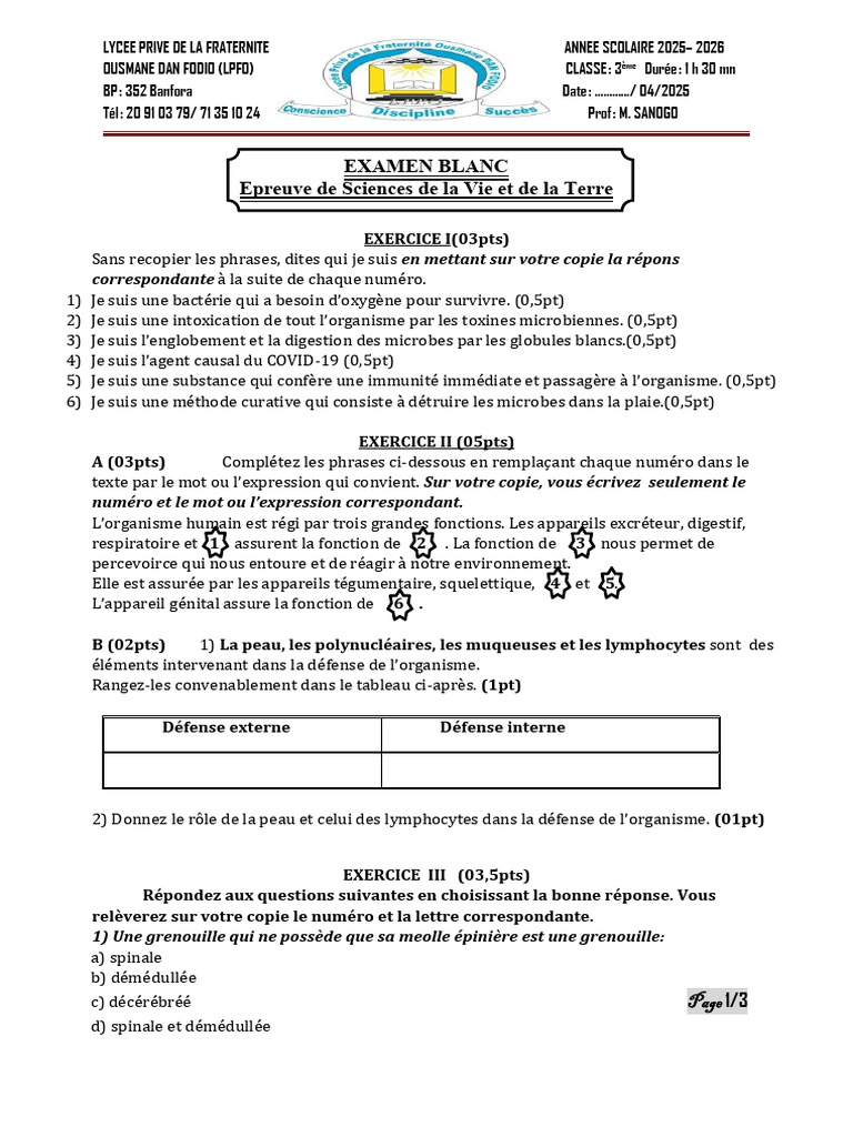 Sujet & Proposition de Correction-examen Bepc Blanc Svt Lpfo 2026 | PDF ...