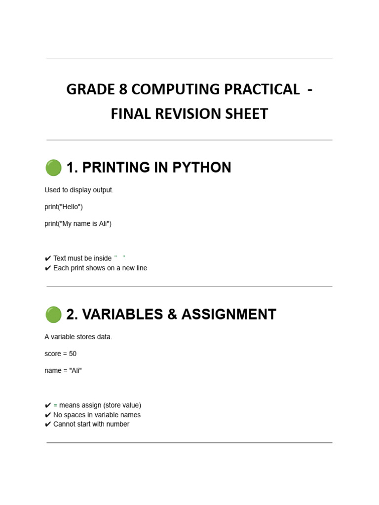 Grade 8 Computing Practical - Final Revision Sheet | PDF | Integer ...