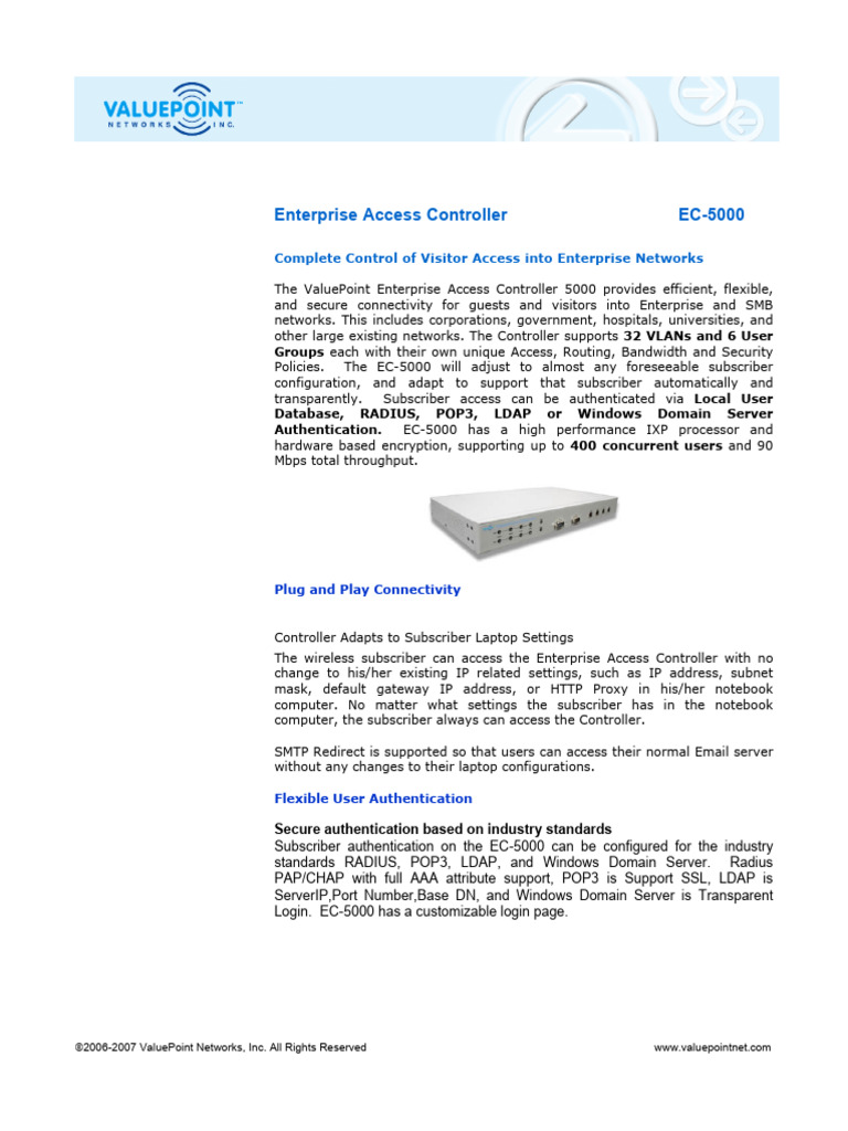 Enterprise Access Controller 5000 Data Sheet | PDF | Radius | Computer ...