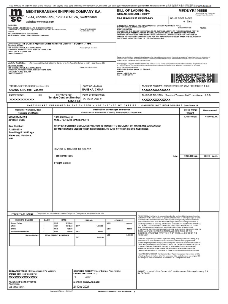 Jae047 MBL German Contrerasmeduyr196666 - FC | PDF | Bill Of Lading | Cargo